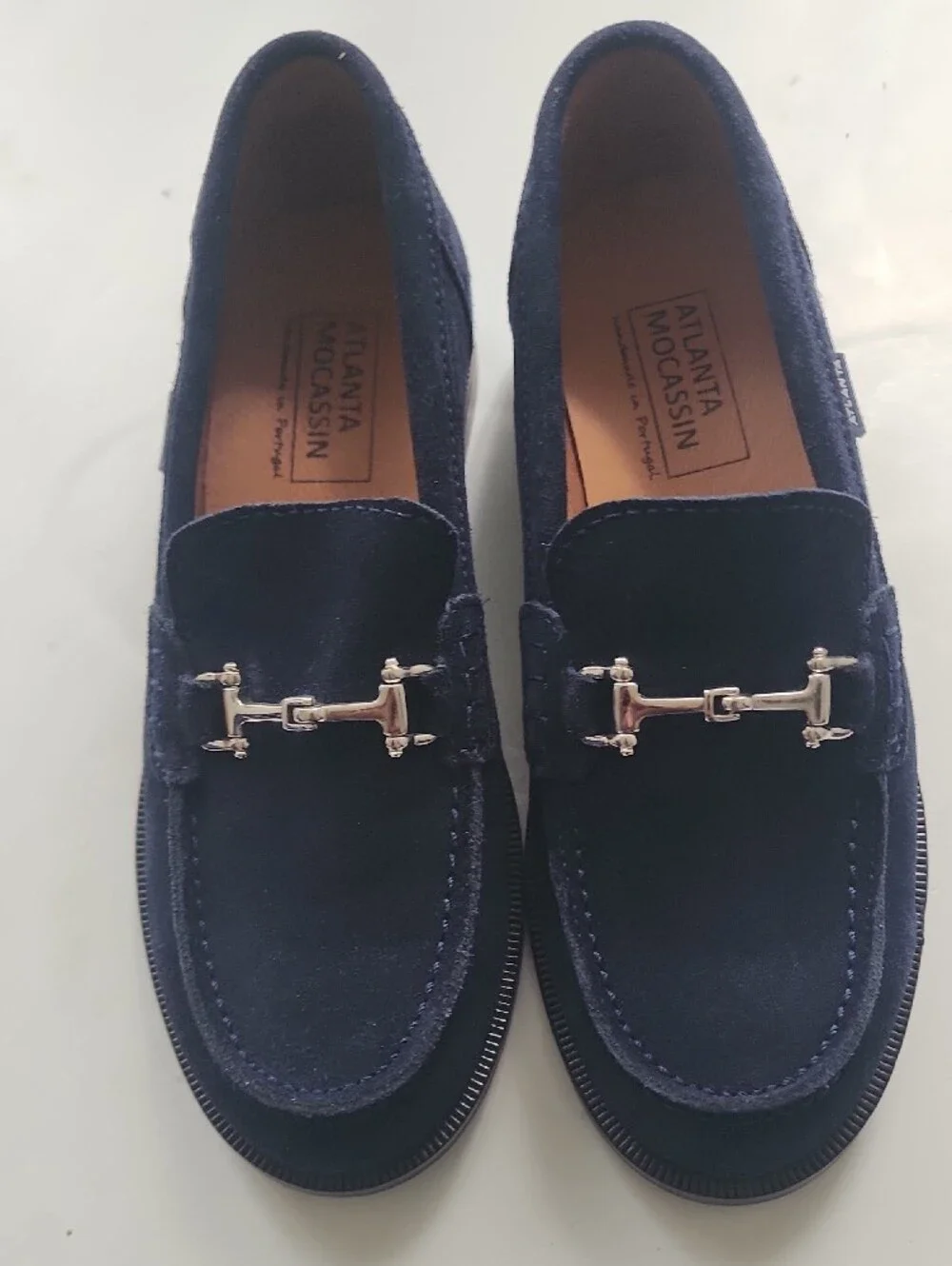 Navy Suede Horsebit Loafers. In Excellent Condition Like New